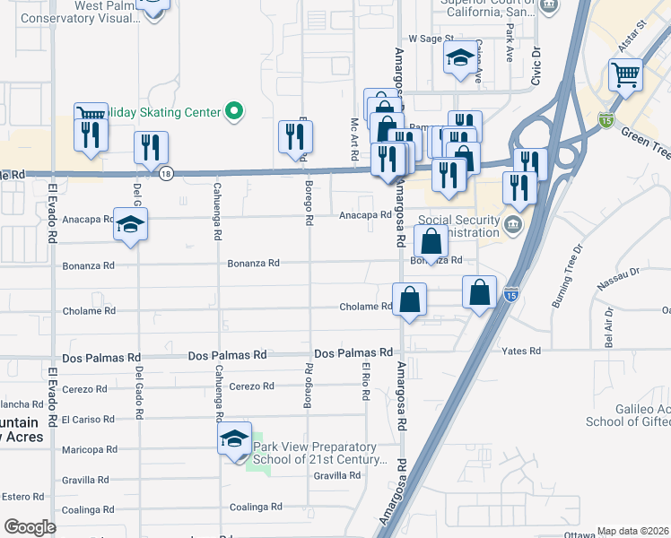 map of restaurants, bars, coffee shops, grocery stores, and more near 15165 Bonanza Road in Victorville