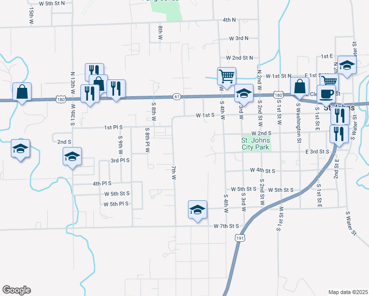 map of restaurants, bars, coffee shops, grocery stores, and more near 229 7th West in Saint Johns