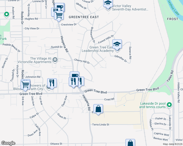 map of restaurants, bars, coffee shops, grocery stores, and more near Apple Creek Drive in Victorville
