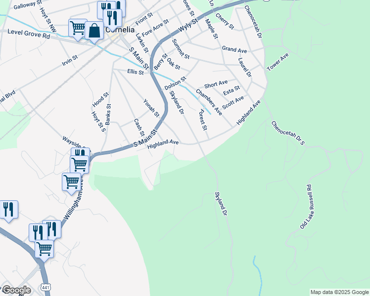 map of restaurants, bars, coffee shops, grocery stores, and more near 336 Highland Avenue in Cornelia