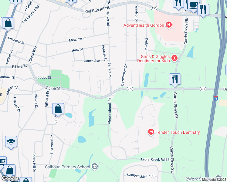 map of restaurants, bars, coffee shops, grocery stores, and more near Dews Pond Road in Calhoun