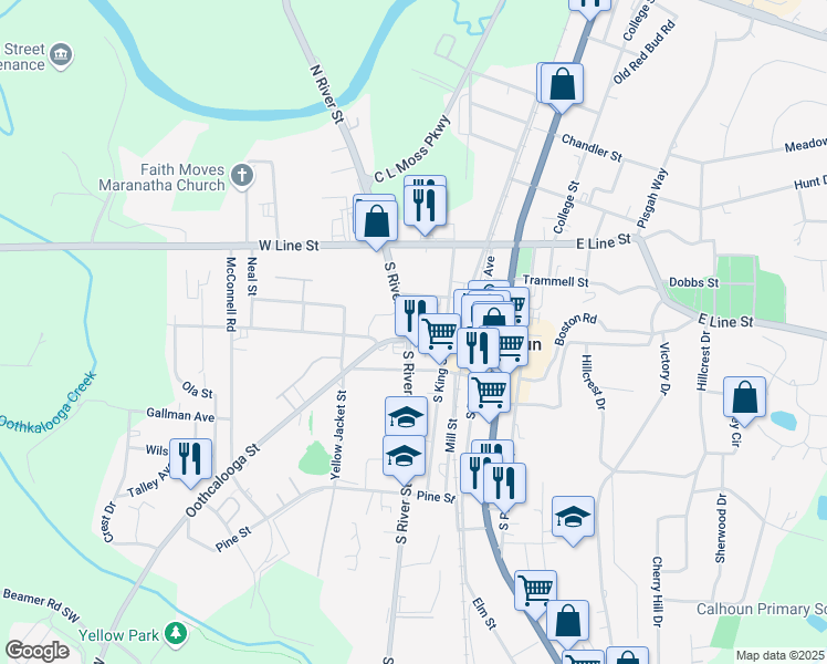 map of restaurants, bars, coffee shops, grocery stores, and more near 417 Court Street in Calhoun