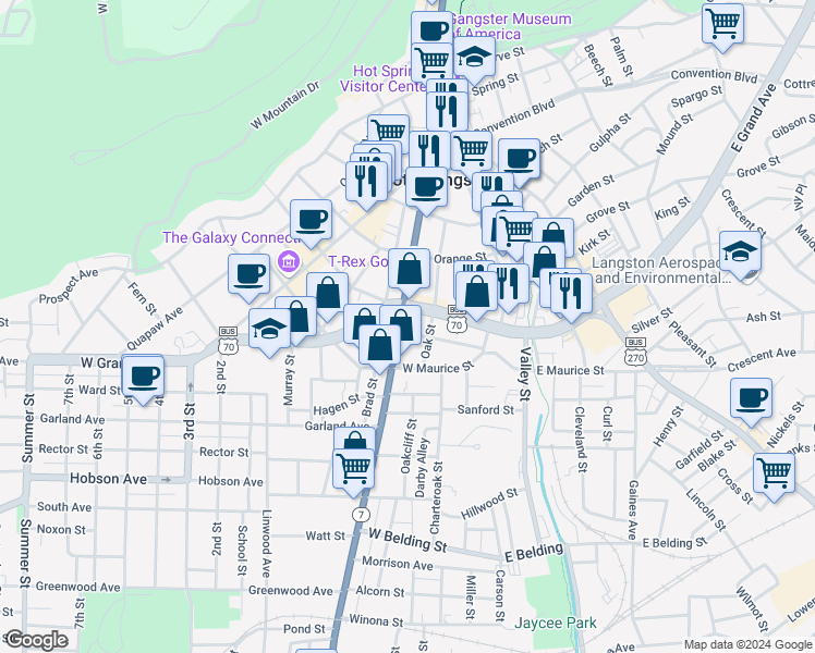 map of restaurants, bars, coffee shops, grocery stores, and more near in Hot Springs