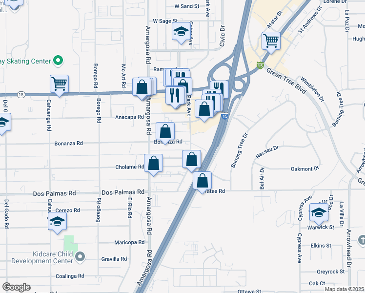 map of restaurants, bars, coffee shops, grocery stores, and more near 15367 Bonanza Road in Victorville