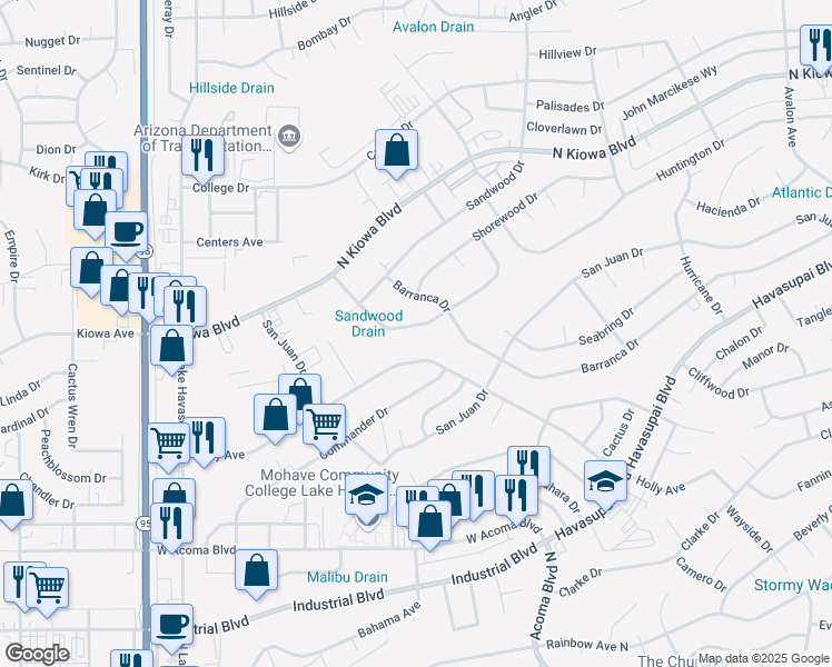 map of restaurants, bars, coffee shops, grocery stores, and more near 2146 Runabout Drive in Lake Havasu City