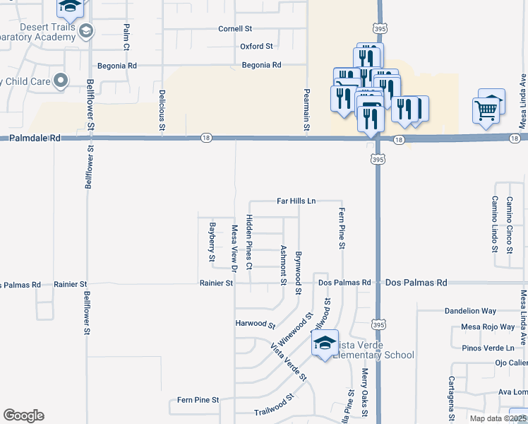 map of restaurants, bars, coffee shops, grocery stores, and more near 11772 Bobcat Hills Lane in Victorville