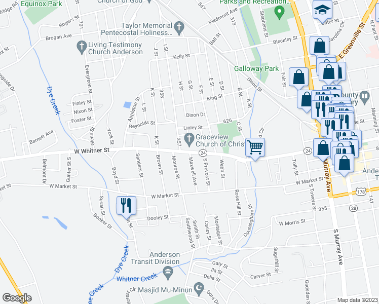 map of restaurants, bars, coffee shops, grocery stores, and more near 1001 West Whitner Street in Anderson
