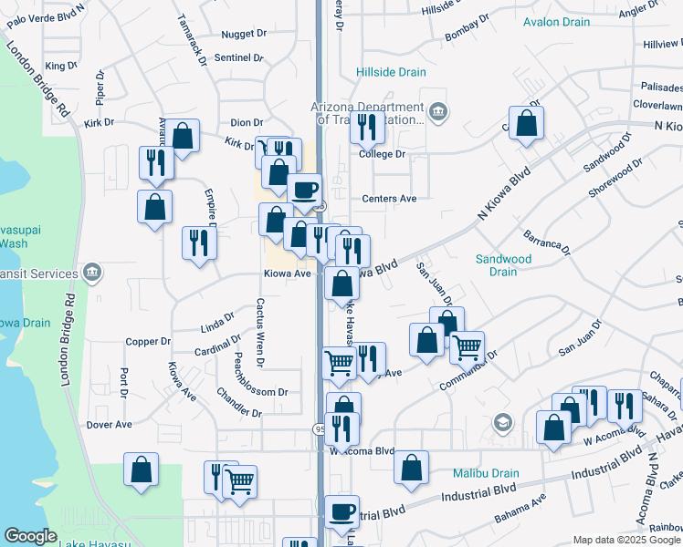 map of restaurants, bars, coffee shops, grocery stores, and more near 1832 North Kiowa Boulevard in Lake Havasu City
