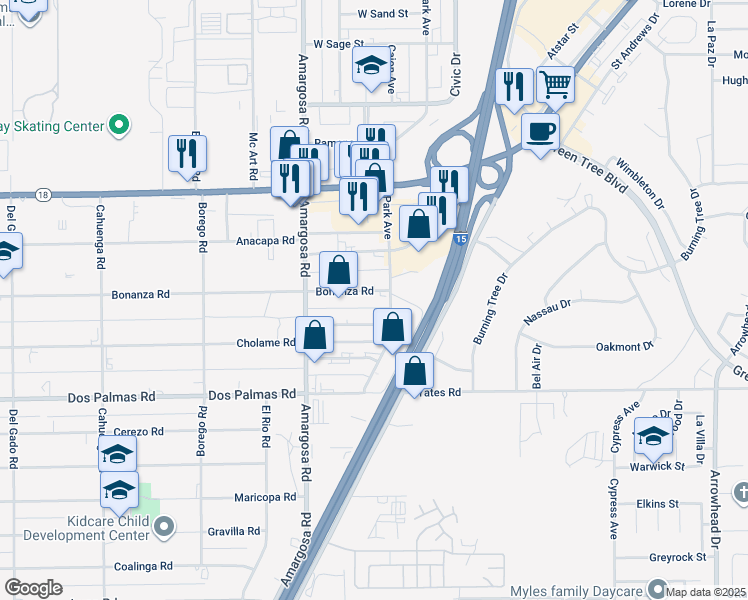 map of restaurants, bars, coffee shops, grocery stores, and more near 15367 Bonanza Road in Victorville