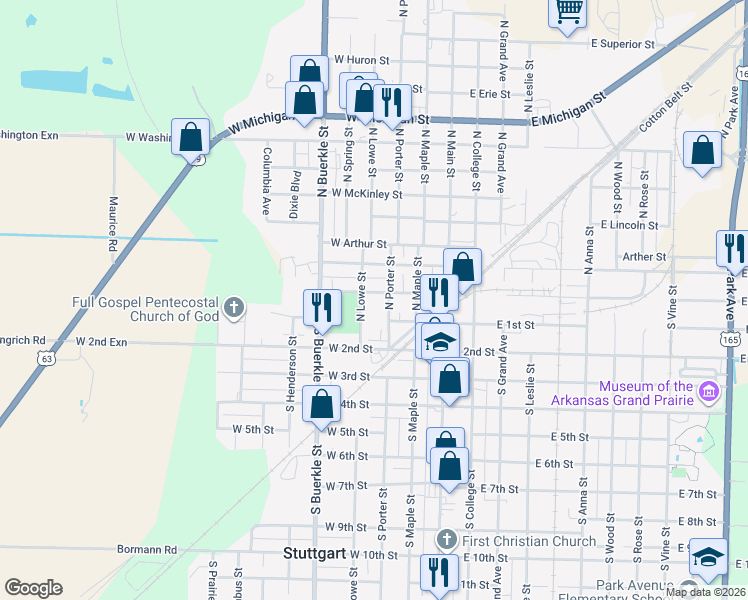 map of restaurants, bars, coffee shops, grocery stores, and more near 315 West Cleveland Street in Stuttgart