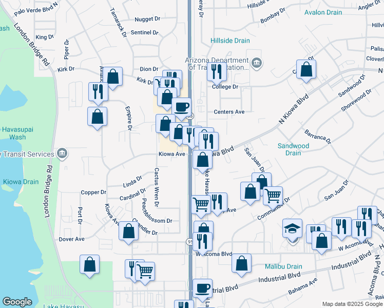 map of restaurants, bars, coffee shops, grocery stores, and more near 1799 North Kiowa Boulevard in Lake Havasu City