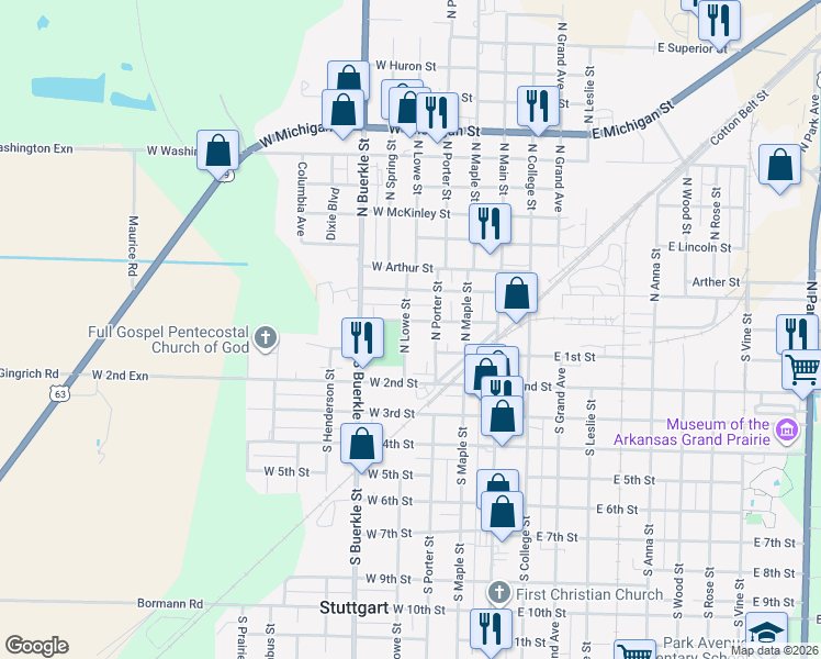 map of restaurants, bars, coffee shops, grocery stores, and more near 315 West Cleveland Street in Stuttgart