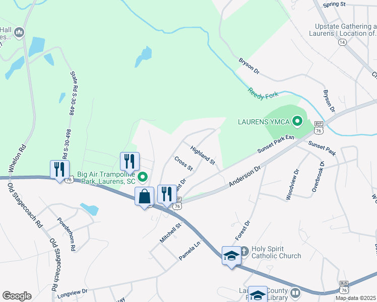 map of restaurants, bars, coffee shops, grocery stores, and more near 100 Highland Street in Laurens