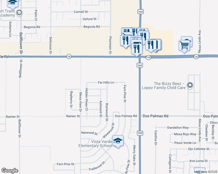 map of restaurants, bars, coffee shops, grocery stores, and more near 13883 Brynwood Street in Victorville
