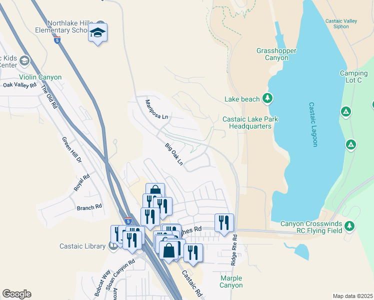 map of restaurants, bars, coffee shops, grocery stores, and more near 27641 Elk Ridge Road in Castaic