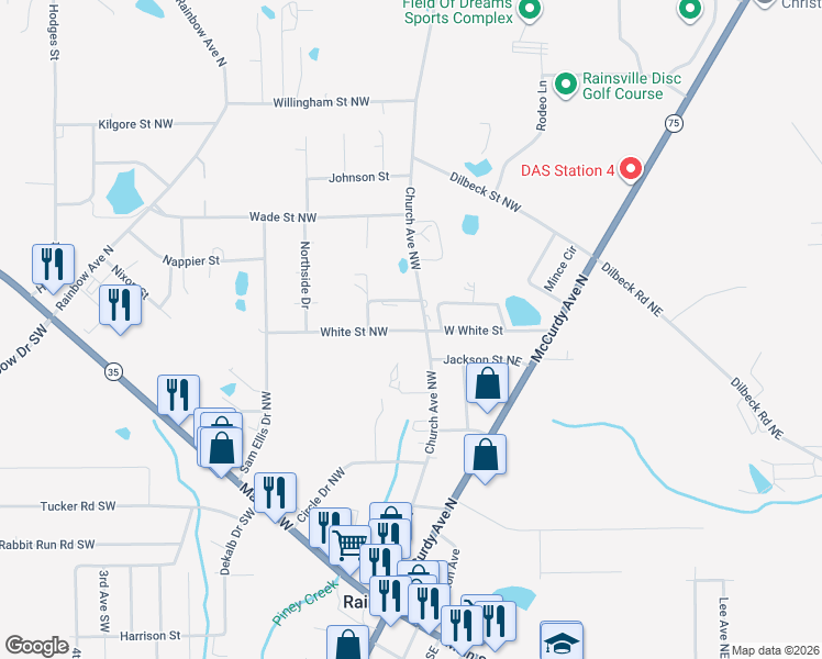 map of restaurants, bars, coffee shops, grocery stores, and more near 316 White Street in Rainsville