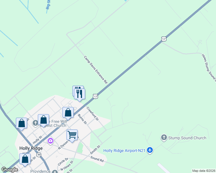 map of restaurants, bars, coffee shops, grocery stores, and more near 698 Wilmington Highway in Holly Ridge