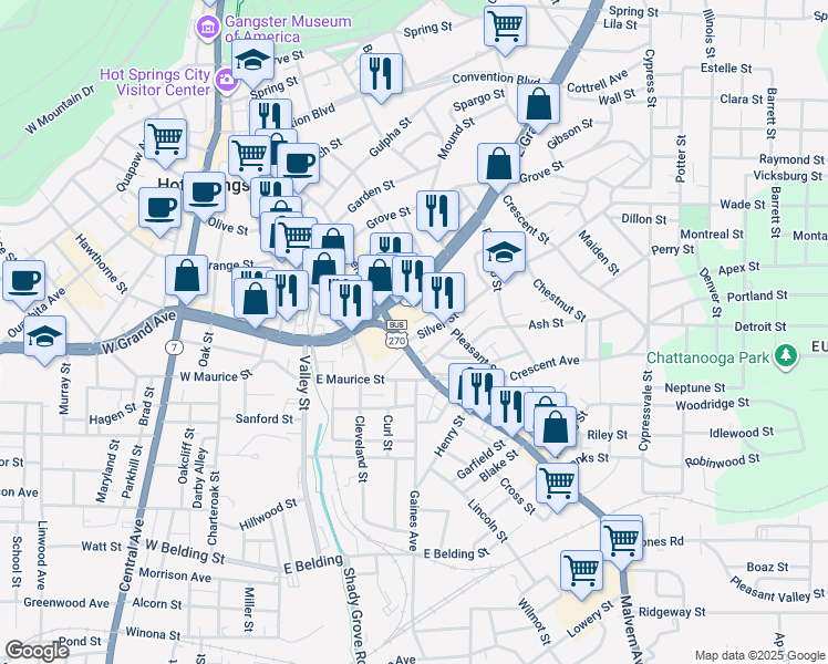 map of restaurants, bars, coffee shops, grocery stores, and more near 109 Silver Street in Hot Springs