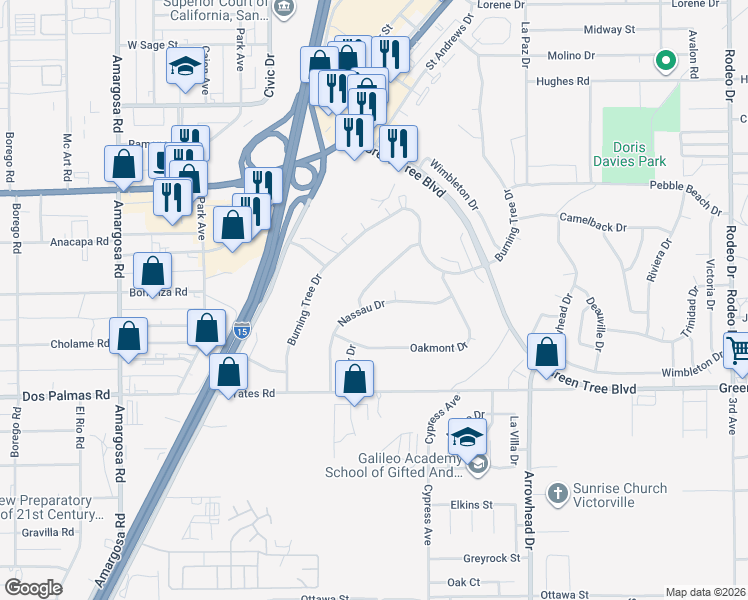 map of restaurants, bars, coffee shops, grocery stores, and more near 15810 Nassau Drive in Victorville