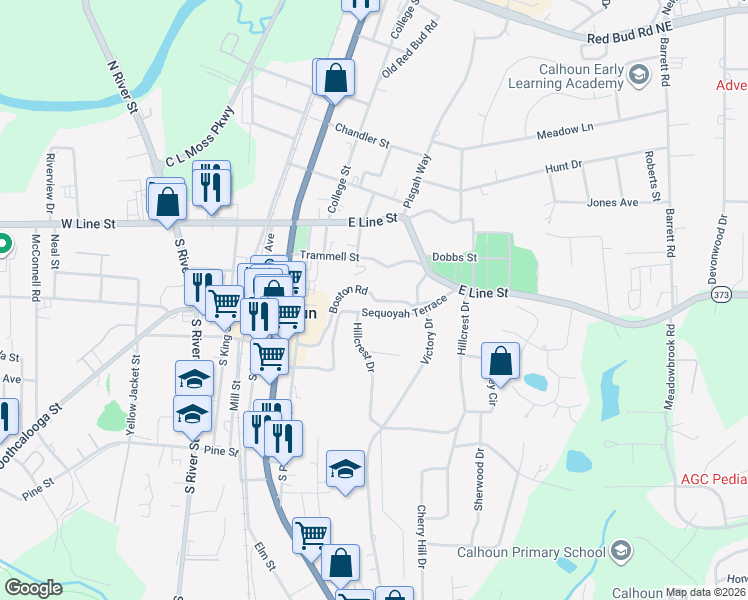 map of restaurants, bars, coffee shops, grocery stores, and more near 130 Boston Road in Calhoun