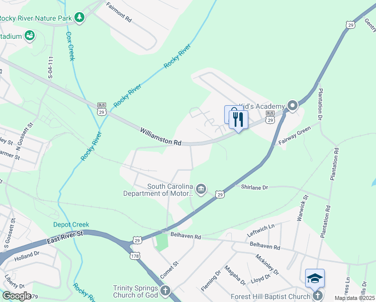 map of restaurants, bars, coffee shops, grocery stores, and more near 102 Nalley Drive in Anderson