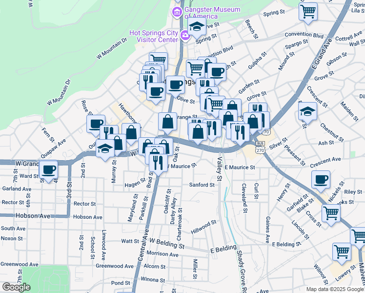 map of restaurants, bars, coffee shops, grocery stores, and more near 249 West Grand Avenue in Hot Springs