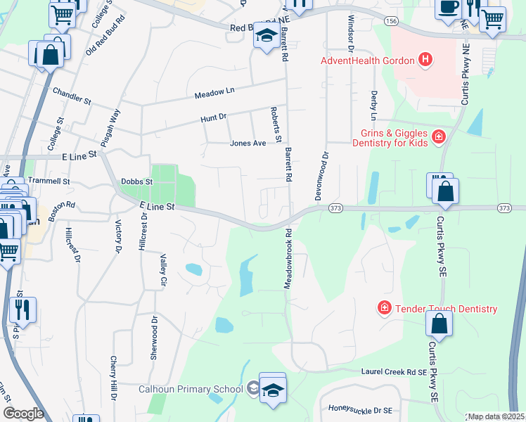 map of restaurants, bars, coffee shops, grocery stores, and more near 108 Waterford Drive in Calhoun