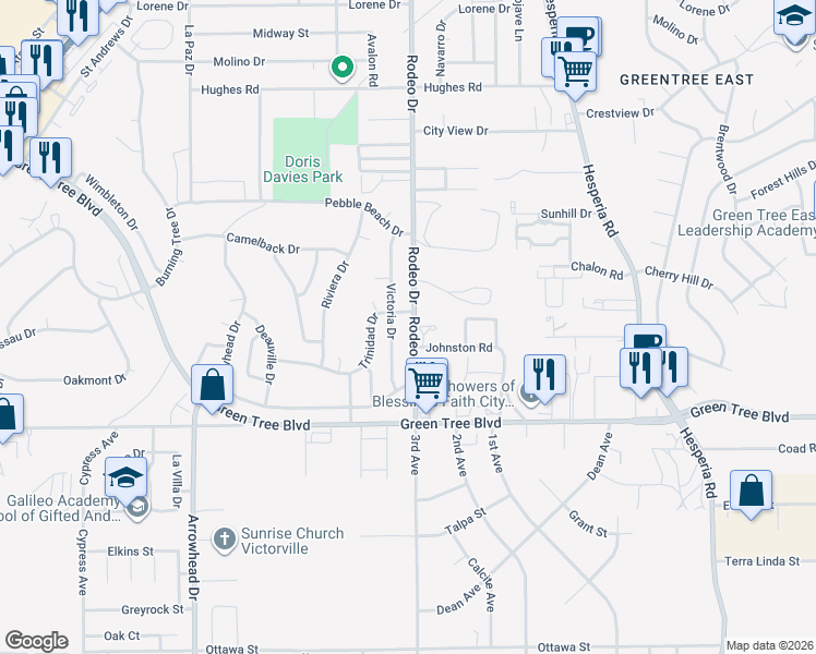 map of restaurants, bars, coffee shops, grocery stores, and more near 13861 Victoria Drive in Victorville