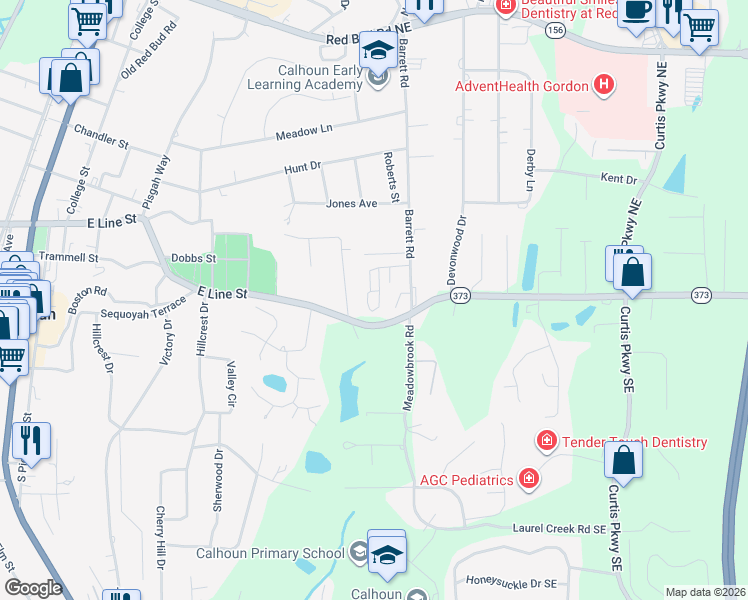 map of restaurants, bars, coffee shops, grocery stores, and more near 103 Waterford Drive in Calhoun