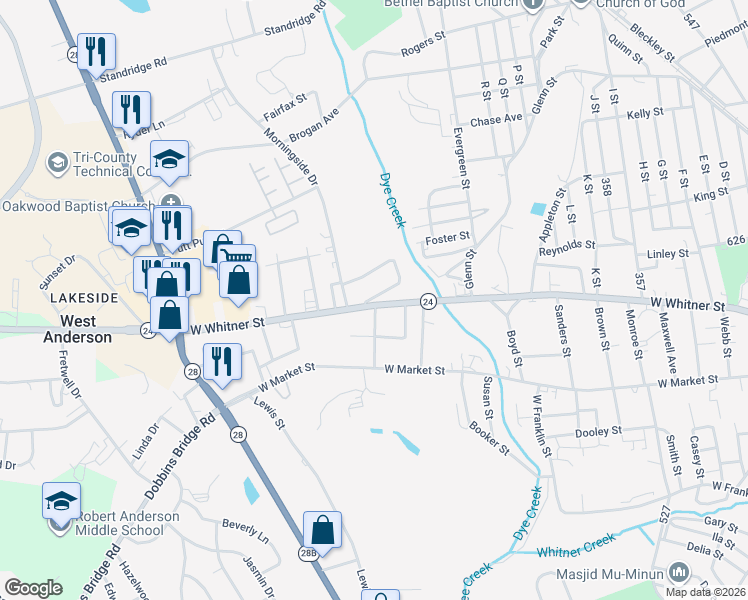map of restaurants, bars, coffee shops, grocery stores, and more near 2012a West Whitner Street in Anderson
