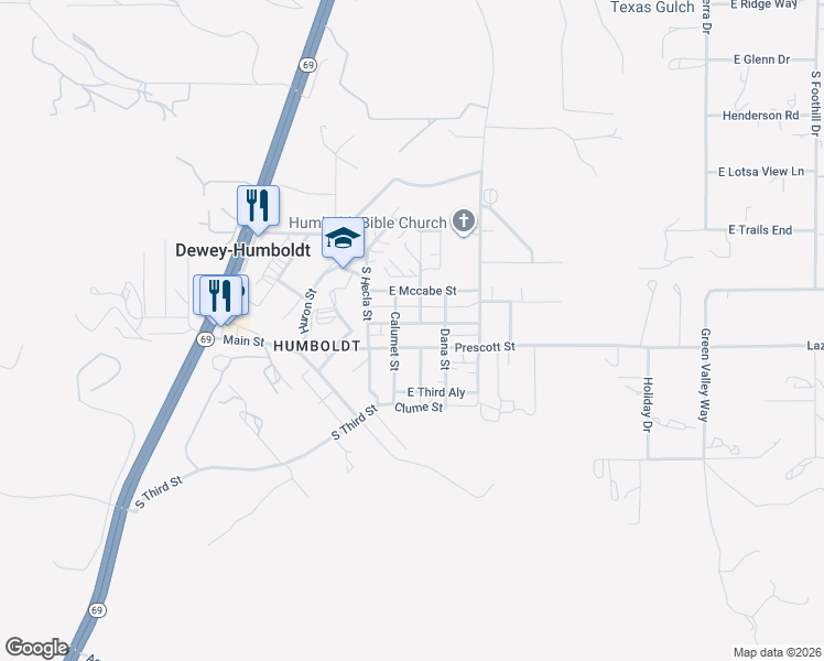 map of restaurants, bars, coffee shops, grocery stores, and more near 13101 Phoenix Street in Dewey-Humboldt