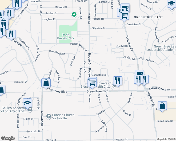 map of restaurants, bars, coffee shops, grocery stores, and more near 13861 Victoria Drive in Victorville