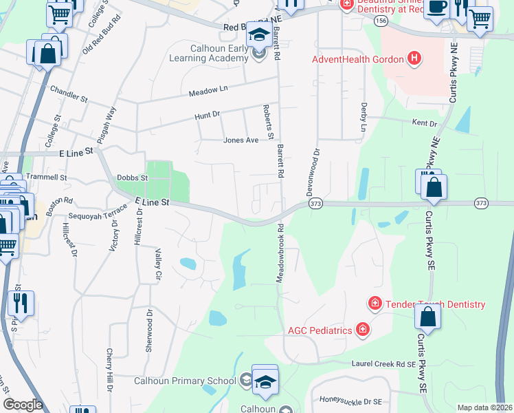 map of restaurants, bars, coffee shops, grocery stores, and more near 103 Waterford Drive in Calhoun