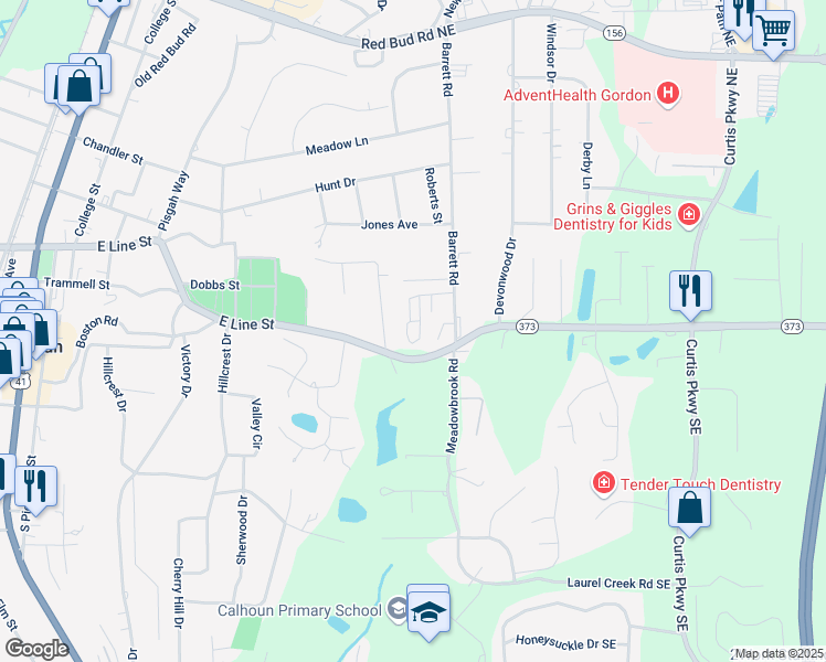 map of restaurants, bars, coffee shops, grocery stores, and more near 108 Waterford Drive in Calhoun