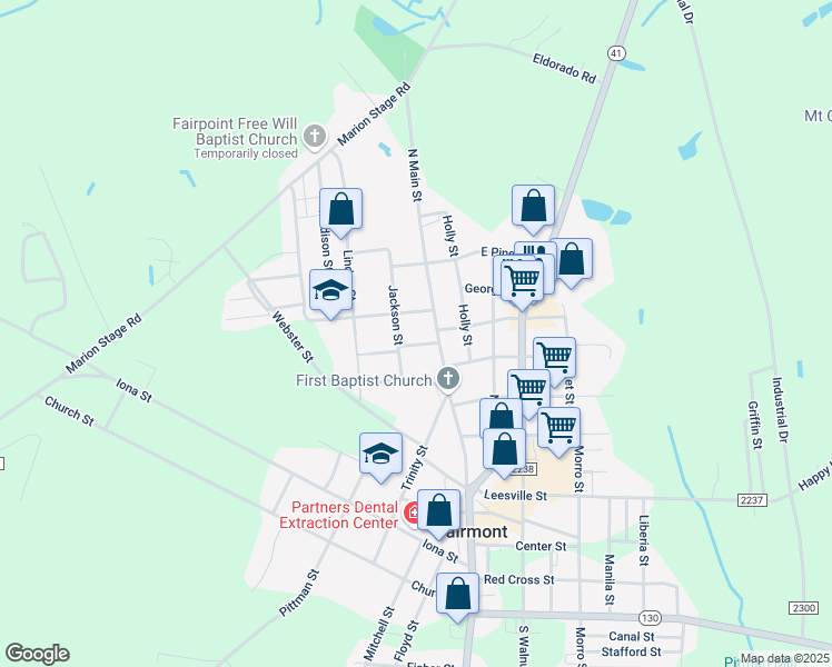 map of restaurants, bars, coffee shops, grocery stores, and more near 104 Maple Street in Fairmont