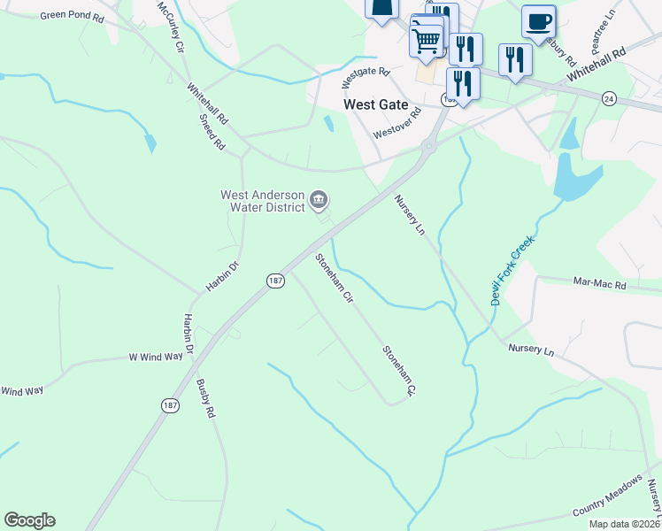 map of restaurants, bars, coffee shops, grocery stores, and more near 1005 Stoneham Circle in Anderson