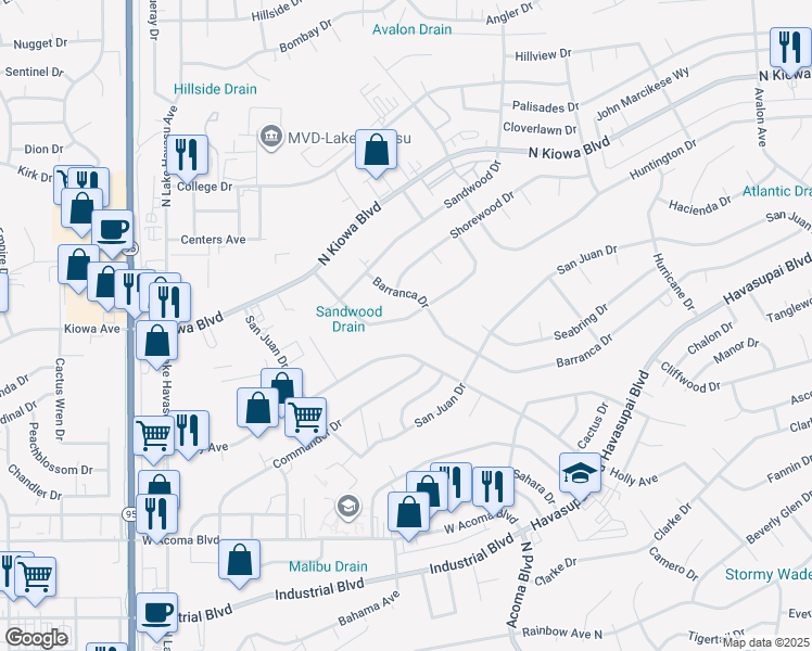 map of restaurants, bars, coffee shops, grocery stores, and more near 2162 Runabout Drive in Lake Havasu City