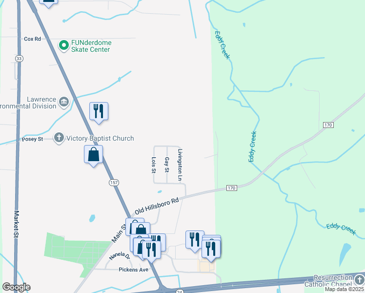 map of restaurants, bars, coffee shops, grocery stores, and more near 218 Livingston Lane in Moulton