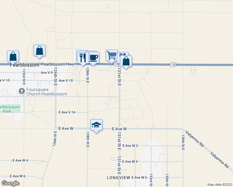 map of restaurants, bars, coffee shops, grocery stores, and more near 34005 Longview Road in Pearblossom
