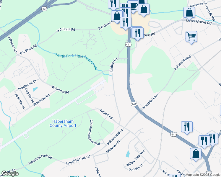 map of restaurants, bars, coffee shops, grocery stores, and more near 383 Baldwin Road in Cornelia