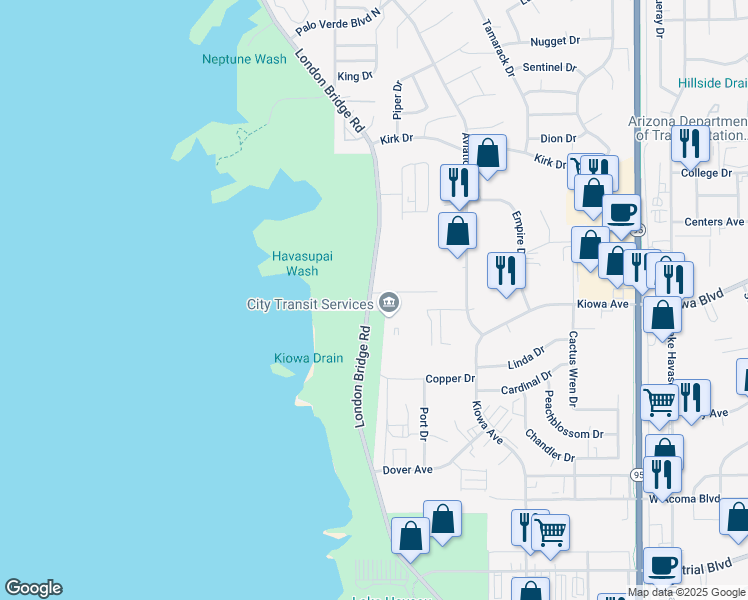 map of restaurants, bars, coffee shops, grocery stores, and more near 1001-1095 London Bridge Road in Lake Havasu City