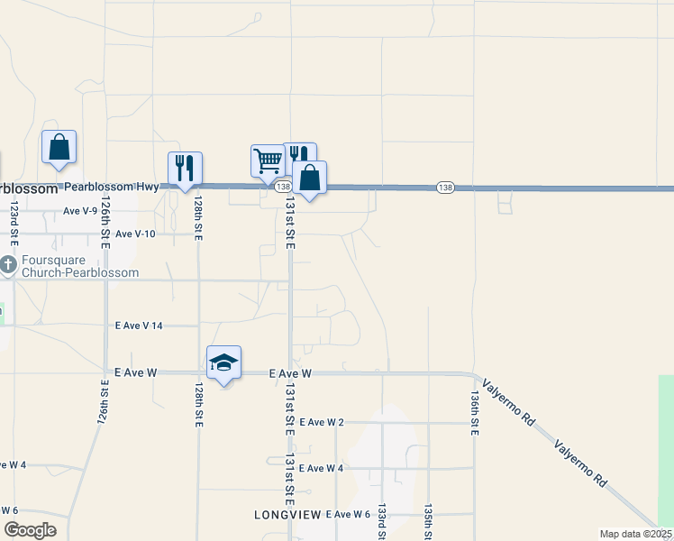 map of restaurants, bars, coffee shops, grocery stores, and more near 132 East Avenue V 12 in Pearblossom