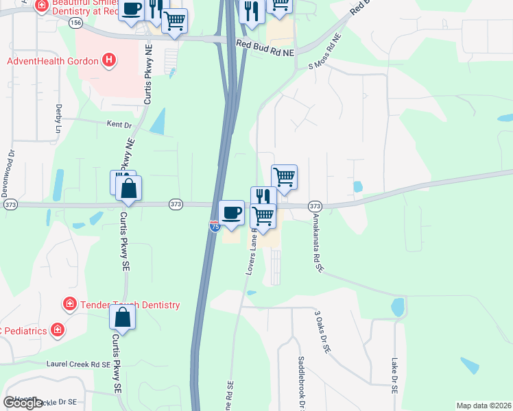 map of restaurants, bars, coffee shops, grocery stores, and more near 1531 Dews Pond Road Northeast in Calhoun