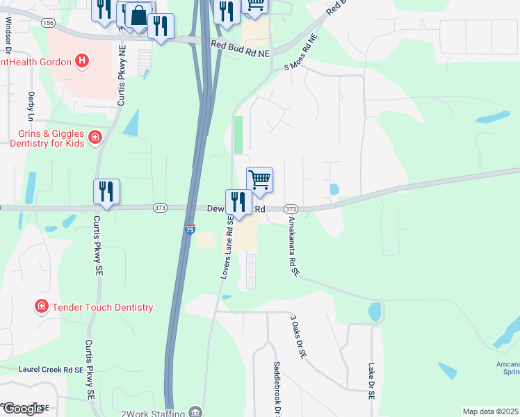 map of restaurants, bars, coffee shops, grocery stores, and more near Dews Pond Road in Calhoun