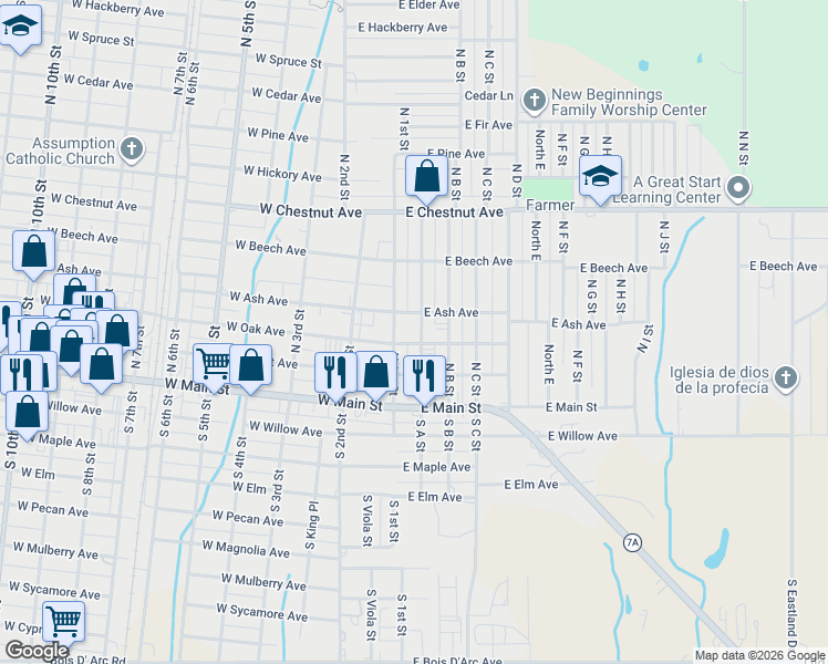 map of restaurants, bars, coffee shops, grocery stores, and more near 202 North A Street in Duncan