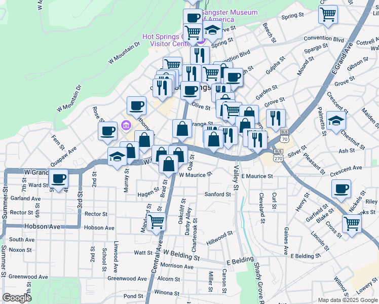 map of restaurants, bars, coffee shops, grocery stores, and more near 249 West Grand Avenue in Hot Springs
