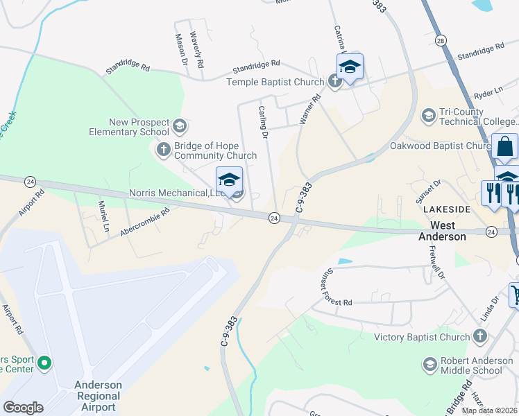 map of restaurants, bars, coffee shops, grocery stores, and more near 3004 West Whitner Street in Anderson