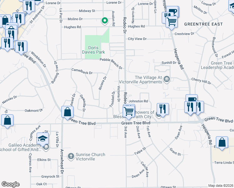 map of restaurants, bars, coffee shops, grocery stores, and more near 13878 Victoria Drive in Victorville