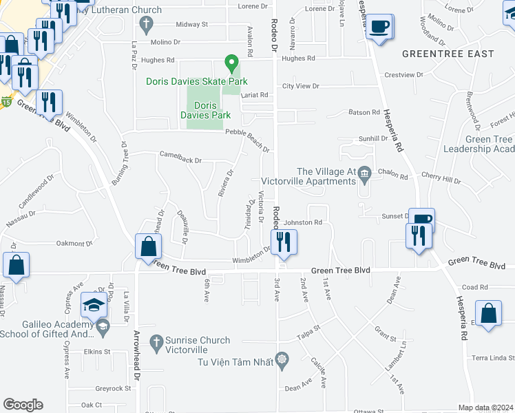 map of restaurants, bars, coffee shops, grocery stores, and more near 13878 Victoria Drive in Victorville