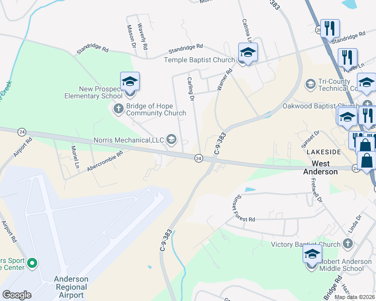 map of restaurants, bars, coffee shops, grocery stores, and more near 3004 West Whitner Street in Anderson